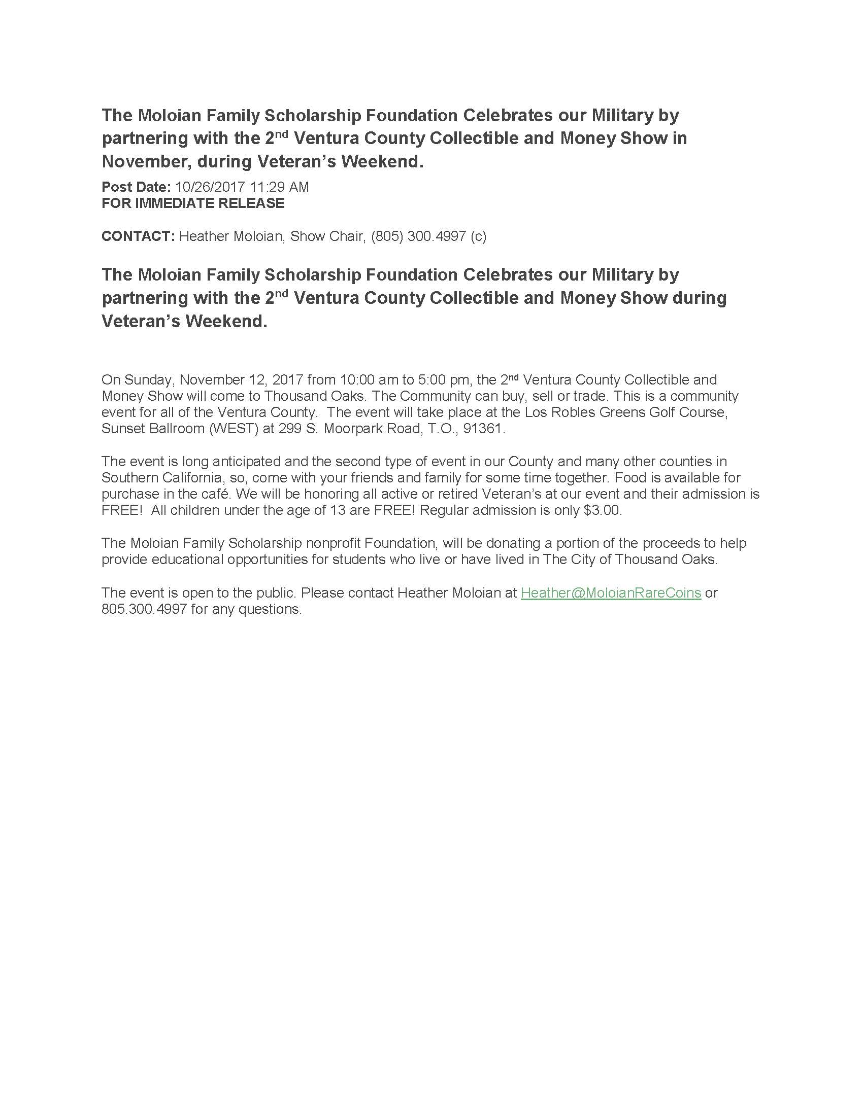 Press release 11-12-17 Moloian Family Foundation partners with the Ventura County Collectible and Money Show during Veteran's weekend in November!