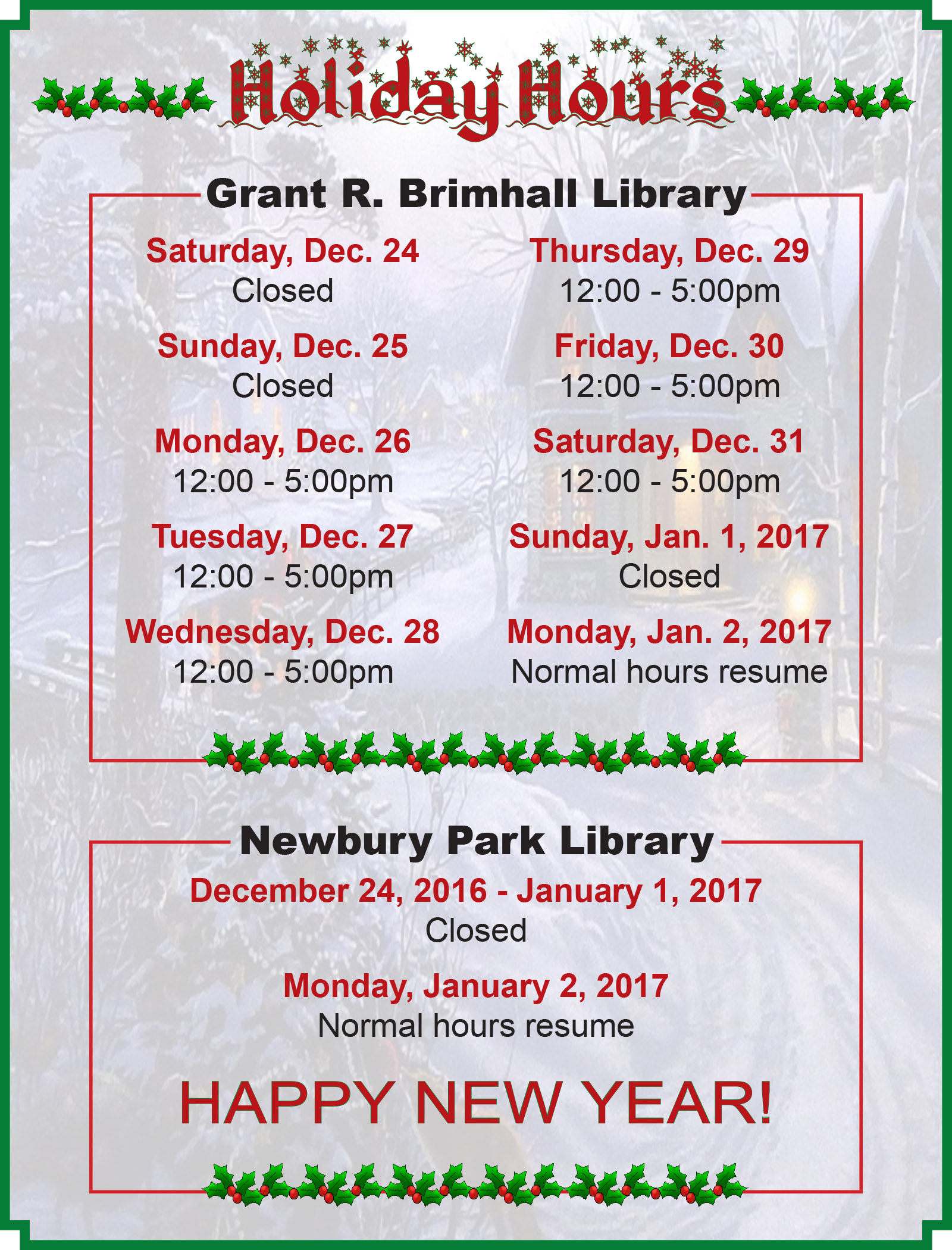 Holiday Hours 2016